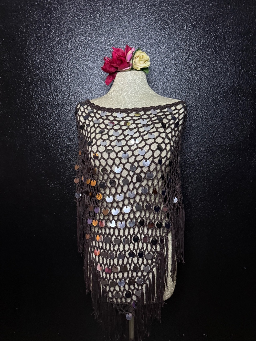 ViVI Brown Open-Knit Sequin Fringe Poncho